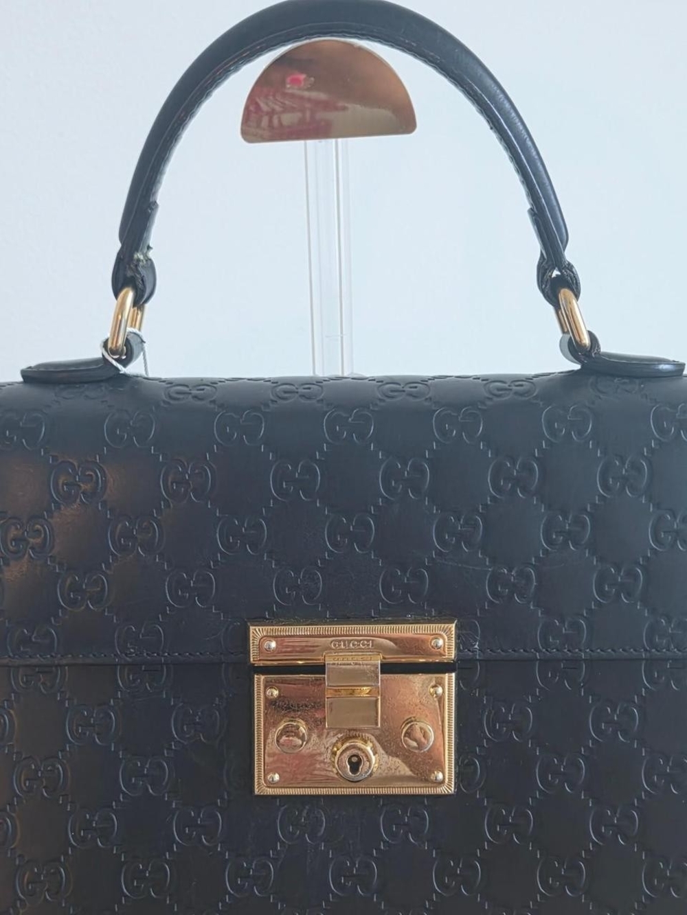 Gucci Black Embossed Leather Top-Handle Bag with Gold Hardware